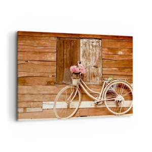 Cuadro sobre lienzo - Impresión de Imagen - Una bicicleta con una cesta llena de rosas contra una pared de madera. - 100x70cm - Ahora mismo vuelvo - Decoración de pared moderna para salón y dormitorio ARTTOR
