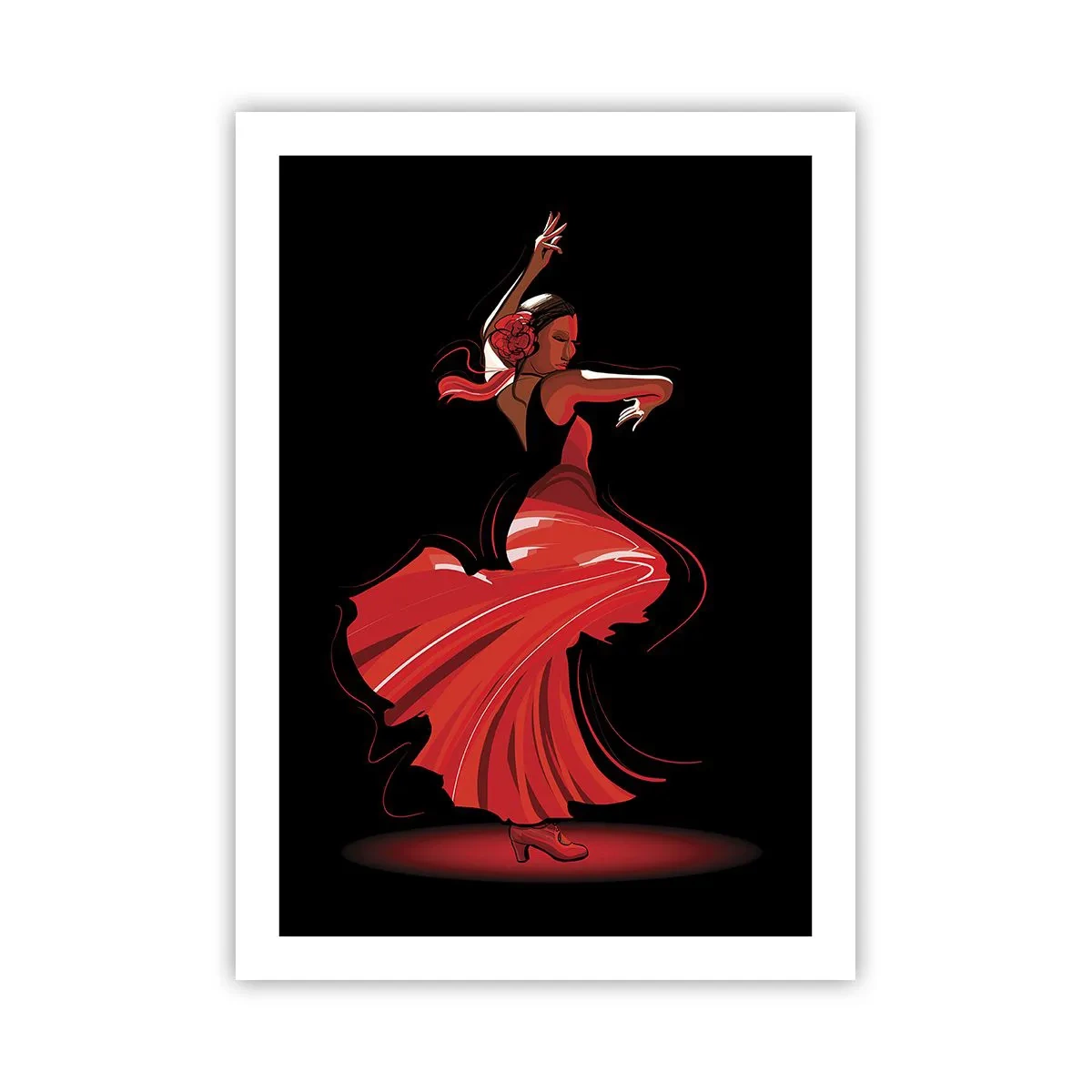 Póster - Bailaora de flamenco con vestido rojo sobre fondo negro - 50x70cm - El espíritu ardiente del flamenco - Decoración de pared moderna para salón y dormitorio ARTTOR