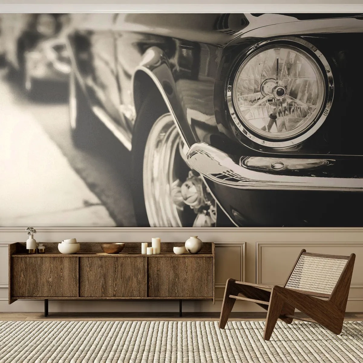 Fotomural Premium Sand - Un coche clásico en blanco y negro. - 100x70cm - Brillo perdurable - Decoración de pared moderna para salón y dormitorio ARTTOR