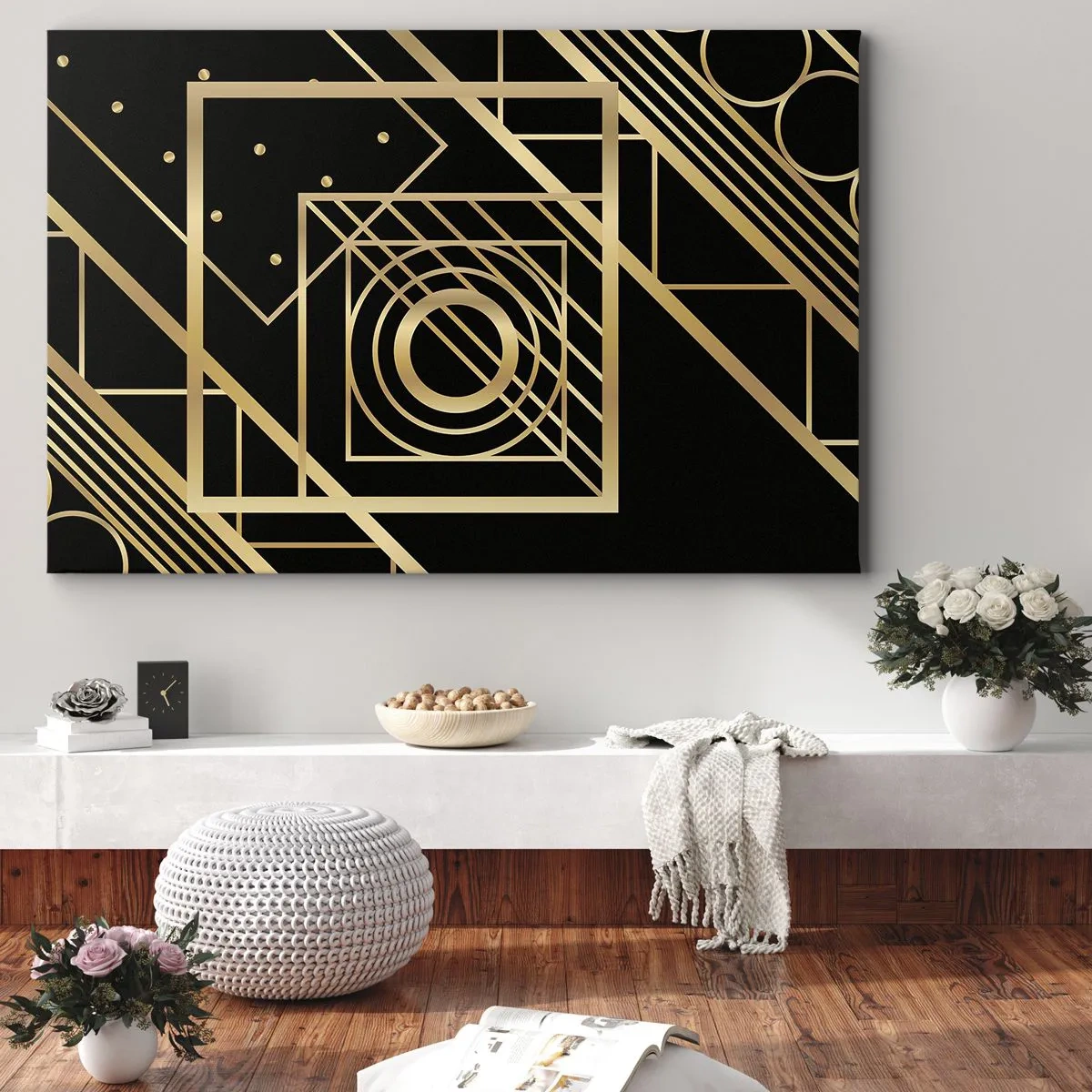 Cuadro sobre lienzo - Impresión de Imagen - Patrones geométricos dorados sobre un fondo negro - 70x50cm - Geometría dorada - Decoración de pared moderna para salón y dormitorio ARTTOR