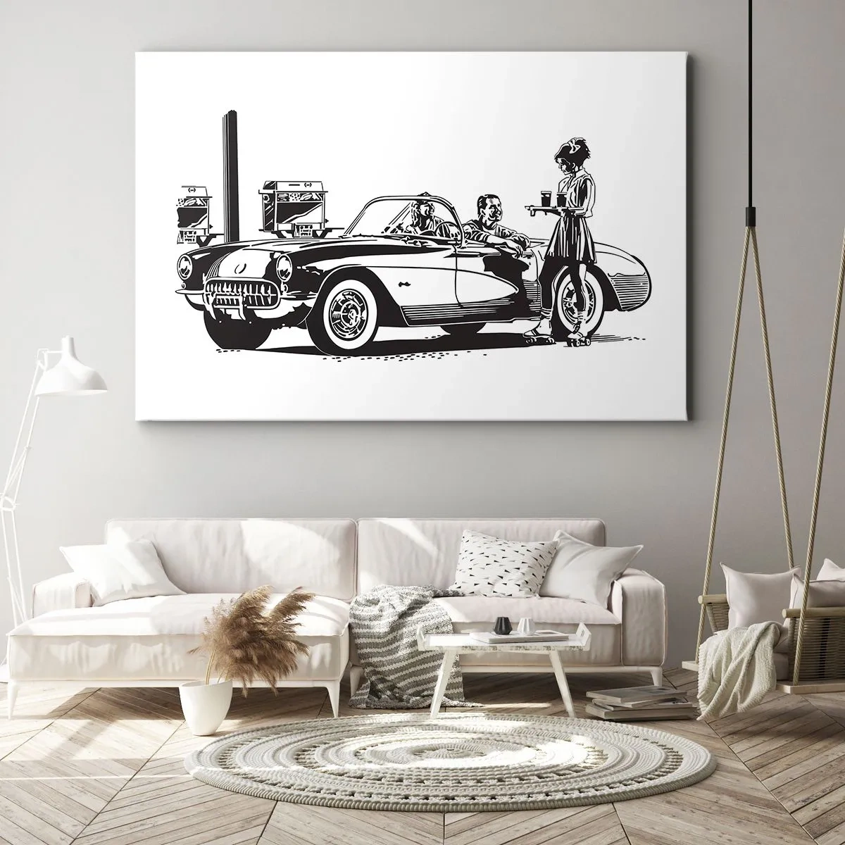 Cuadro sobre lienzo - Impresión de Imagen - Una escena retro en blanco y negro con un coche y una camarera en patines. - 100x70cm - Años 60 - la América despreocupada - Decoración de pared moderna para salón y dormitorio ARTTOR