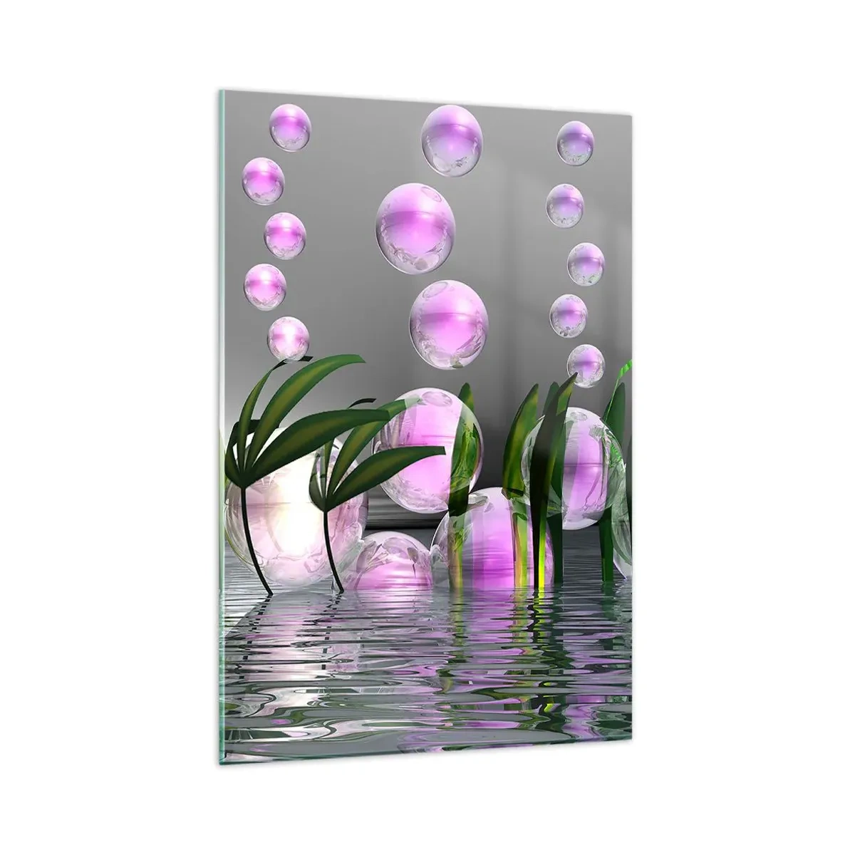 Cuadro sobre vidrio - Impresiones sobre Vidrio - Hojas verdes y burbujas rosadas sobre el agua sobre un fondo gris. - 80x120cm - Composición reflexiva de ligereza y vida - Decoración de pared moderna para salón y dormitorio ARTTOR