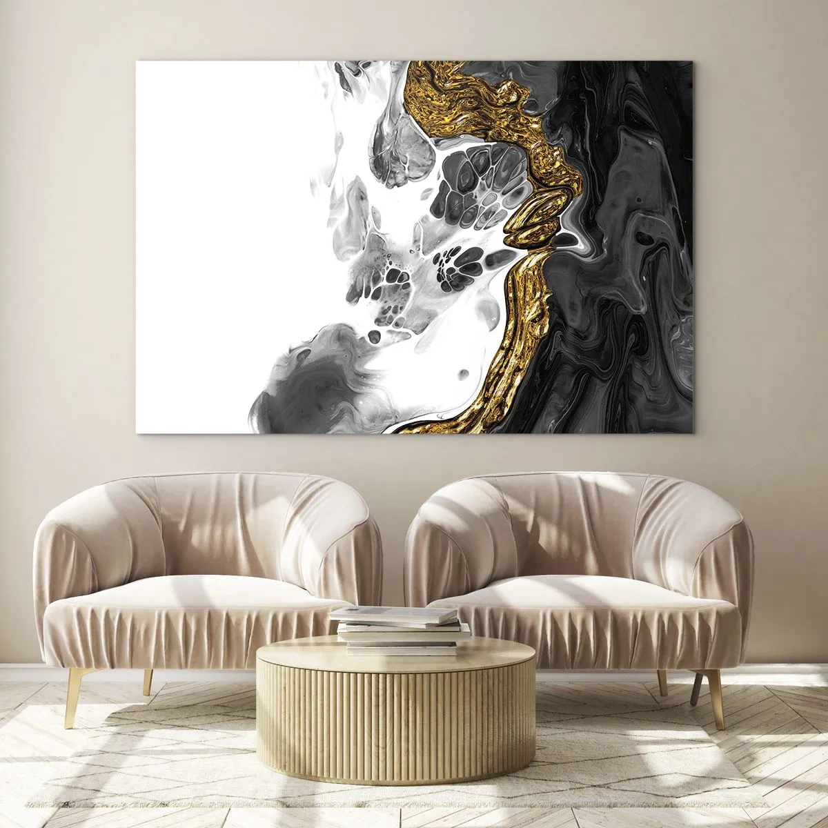Cuadro sobre vidrio - Impresiones sobre Vidrio - Composición abstracta de negro, blanco y dorado. - 70x50cm - Composición orgánica - Decoración de pared moderna para salón y dormitorio ARTTOR