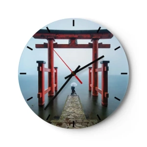 Reloj de pared - Reloj de vidrio - Puerta Torii roja sobre agua quieta en la niebla - 30x30cm - Ensueño japonés - Decoración de pared moderna para salón, cocina y dormitorio ARTTOR