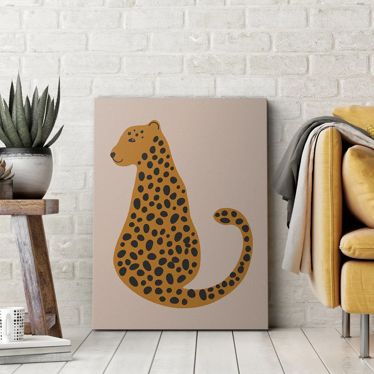 Cuadro sobre lienzo - Impresión de Imagen - Un dibujo minimalista de una pantera sobre un fondo beige. - 70x100cm - El estampado de leopardo está de moda - Decoración de pared moderna para salón y dormitorio ARTTOR