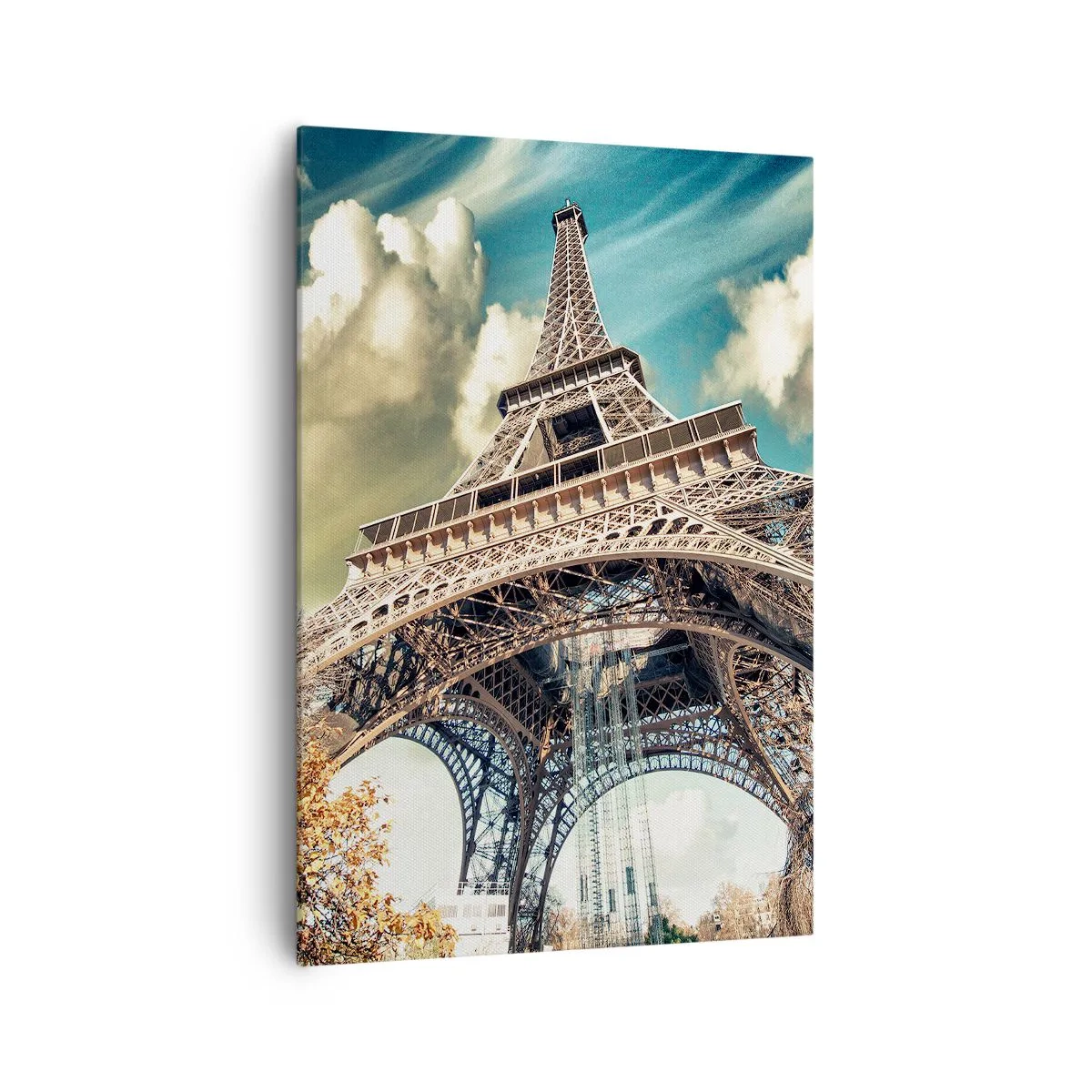 Cuadro sobre lienzo - Impresión de Imagen - La Torre Eiffel desde abajo en un entorno otoñal - 70x100cm - Y en París, en otoño... - Decoración de pared moderna para salón y dormitorio ARTTOR