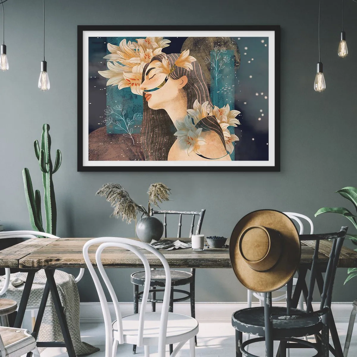 Póster en marco negro - Retrato de una mujer con flores en estilo artístico sobre un fondo oscuro. - 100x70cm - Cuento de princesa con lirios - Decoración de pared moderna para salón y dormitorio ARTTOR