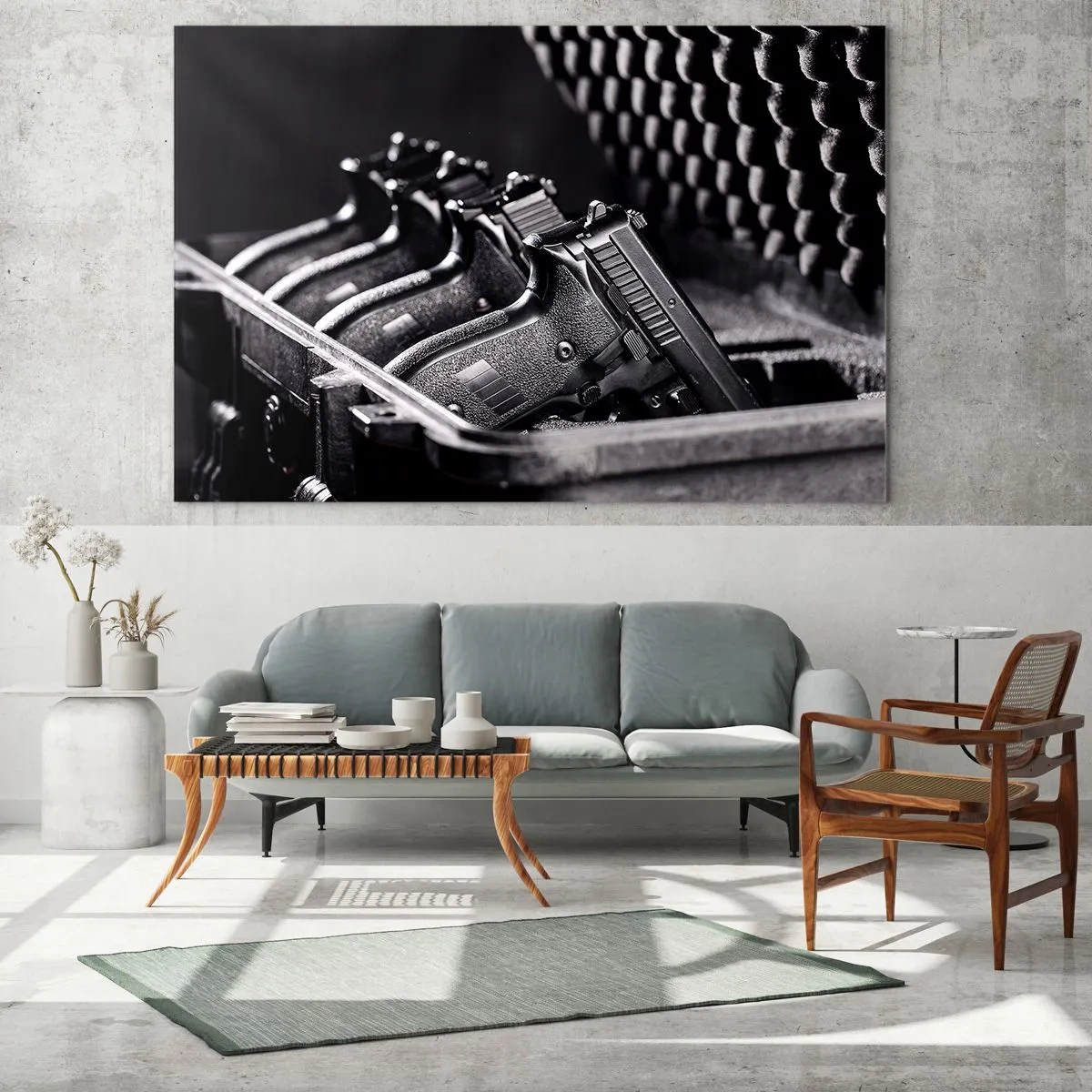 Cuadro sobre vidrio - Impresiones sobre Vidrio - Pistolas negras en un estuche sobre un fondo de espuma protectora. - 100x70cm - ¡Fuego! - Decoración de pared moderna para salón y dormitorio ARTTOR