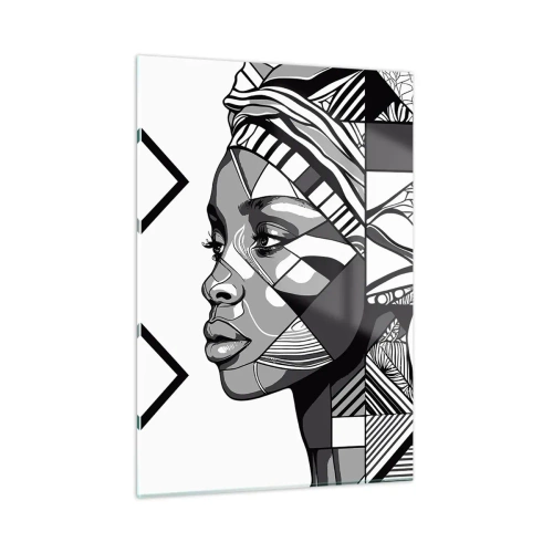 Cuadro sobre vidrio - Impresiones sobre Vidrio - Retrato étnico en blanco y negro de una mujer con patrones geométricos. - 50x70cm - Retrato étnico - Decoración de pared moderna para salón y dormitorio ARTTOR