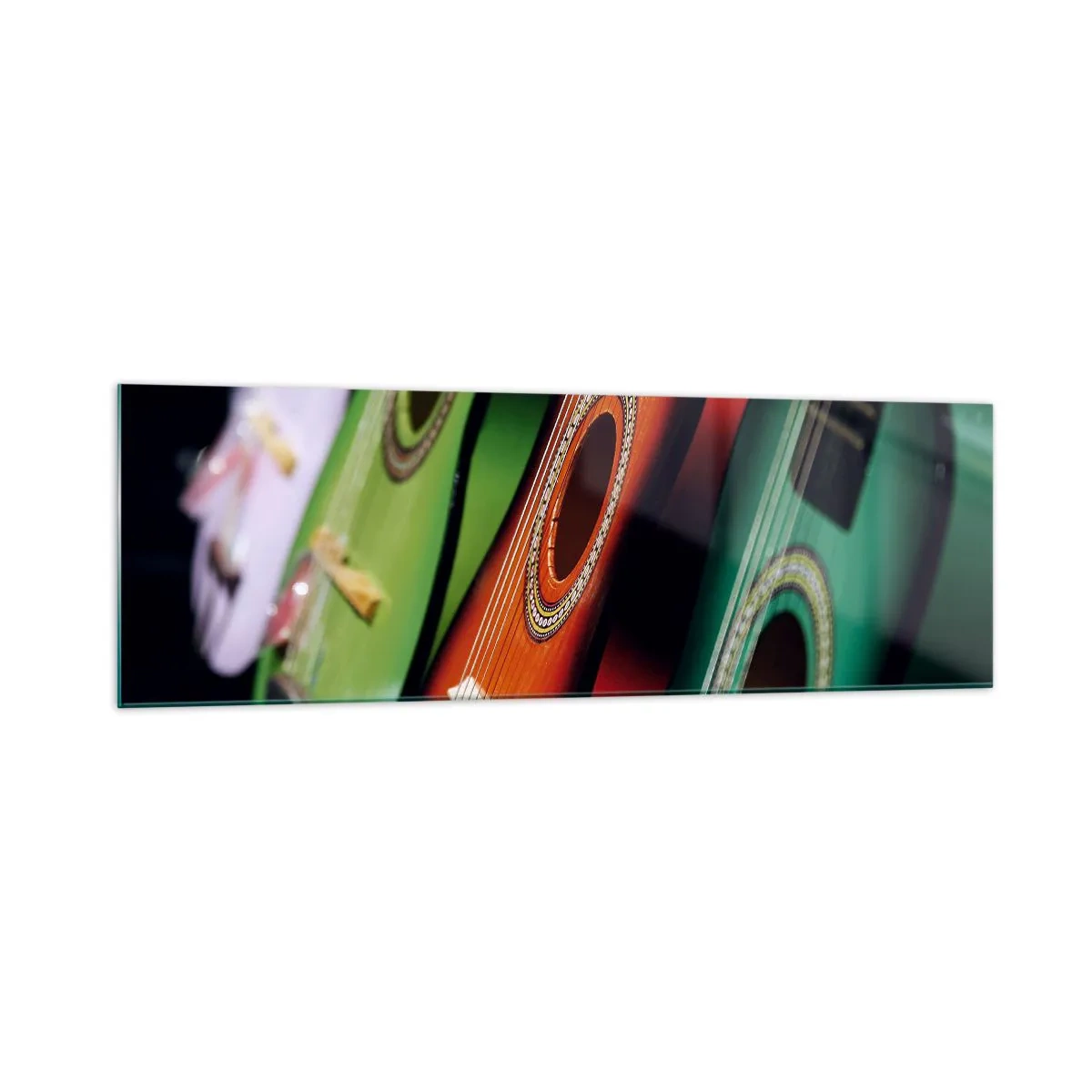 Cuadro sobre vidrio - Impresiones sobre Vidrio - Guitarras coloridas en diferentes tonos dispuestas en fila. - 160x50cm - La guitarra tiene muchos colores - Decoración de pared moderna para salón y dormitorio ARTTOR