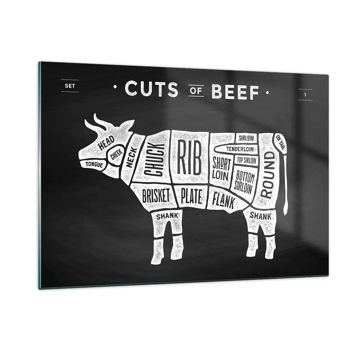 Cuadro sobre vidrio - Impresiones sobre Vidrio - Diagrama de corte de carne de res en una pizarra - 120x80cm - Manual del carnicero - Decoración de pared moderna para salón y dormitorio ARTTOR