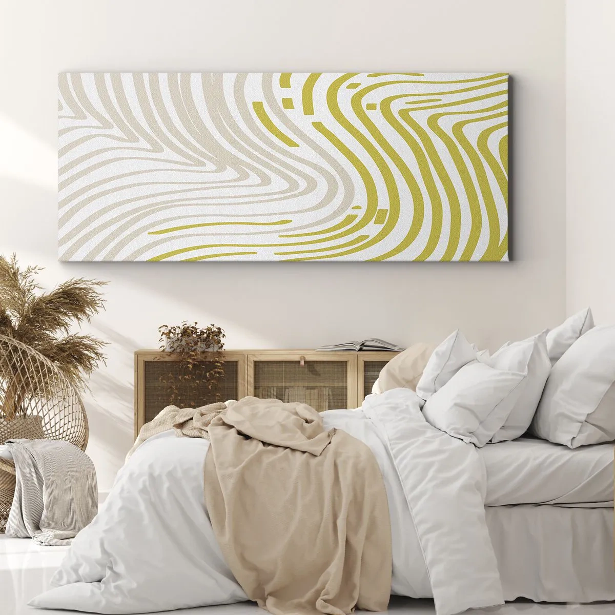 Cuadro sobre lienzo - Impresión de Imagen - Un patrón abstracto con líneas onduladas en tonos amarillo y beige. - 120x50cm - Composición curvada - Decoración de pared moderna para salón y dormitorio ARTTOR