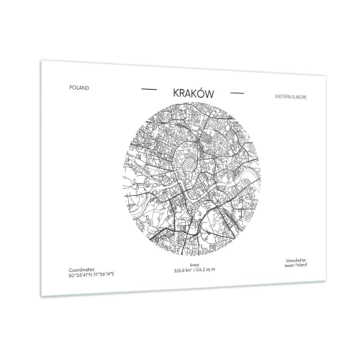 Cuadro sobre vidrio - Impresiones sobre Vidrio - Un mapa de Cracovia en un estilo de ilustración en blanco y negro - 100x70cm - Anatomía de Cracovia - Decoración de pared moderna para salón y dormitorio ARTTOR