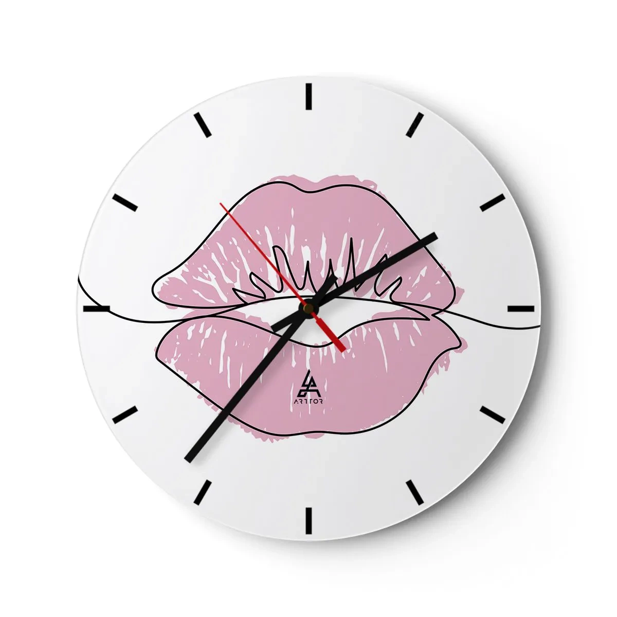 Reloj de pared - Reloj de vidrio - Primer plano de labios rosados contra un reloj blanco. - 30x30cm - ¿Listo para un beso? - Decoración de pared moderna para salón, cocina y dormitorio ARTTOR