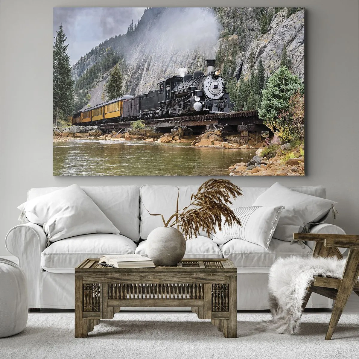 Cuadro sobre lienzo - Impresión de Imagen - Una locomotora de vapor en un puente en un pintoresco paisaje montañoso. - 100x70cm - ¿Adónde me llevas? - Decoración de pared moderna para salón y dormitorio ARTTOR