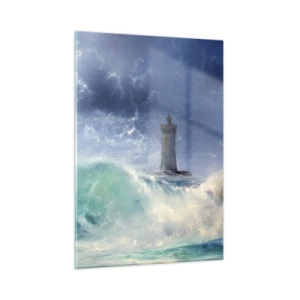 Cuadro sobre vidrio - Impresiones sobre Vidrio - Un faro entre las agitadas olas del océano - 50x70cm - En guardia contra los elementos - Decoración de pared moderna para salón y dormitorio ARTTOR