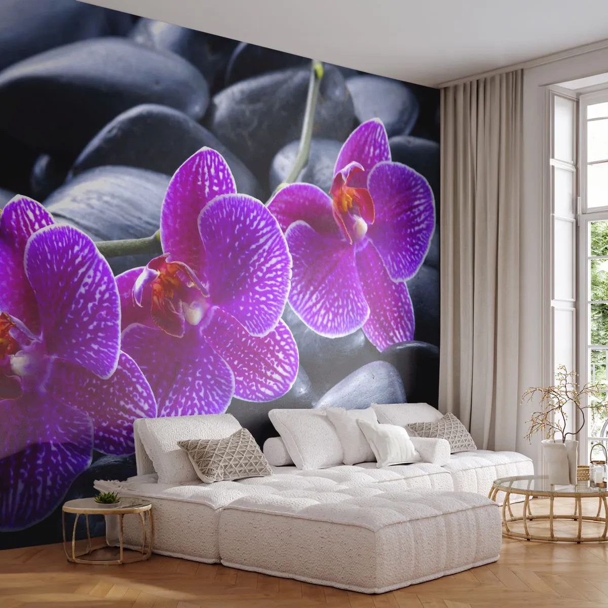 Fotomural Premium Canvas - Las piedras brillan con deleite - flores, piedras, Orquídea - 350x256 cm