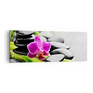 Cuadro sobre lienzo - Impresión de Imagen - Orquídea morada, piedras negras y bambú en una composición tranquila. - 140x50cm - En equilibrio pacífico - Decoración de pared moderna para salón y dormitorio ARTTOR