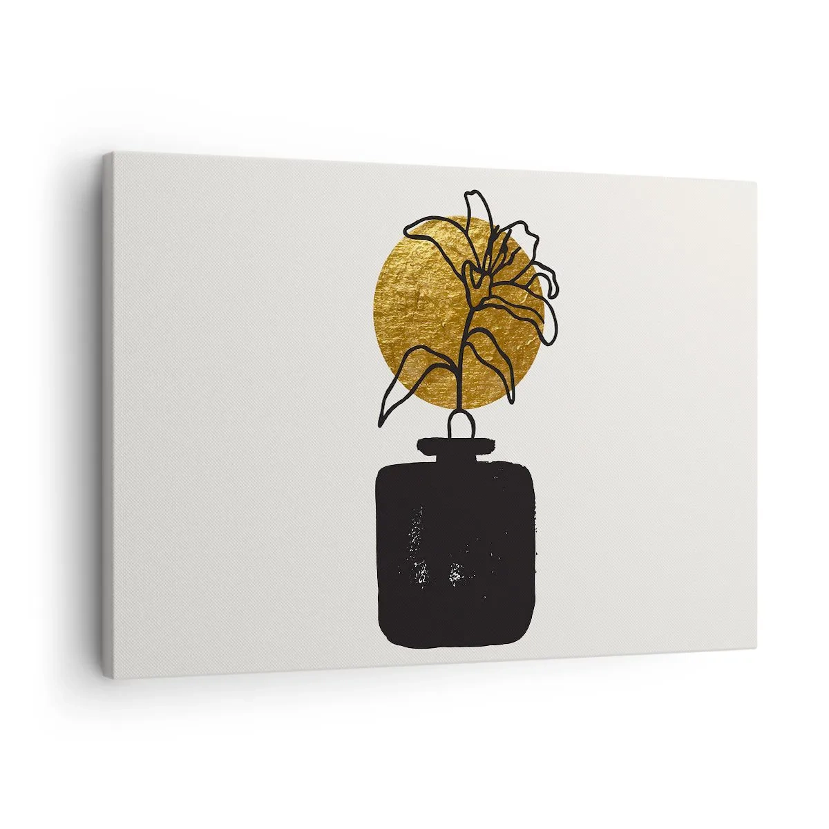 Cuadro sobre lienzo - Impresión de Imagen - Un dibujo de una flor en un jarrón sobre un fondo de círculo dorado. - 70x50cm - Belleza en equilibrio - Decoración de pared moderna para salón y dormitorio ARTTOR