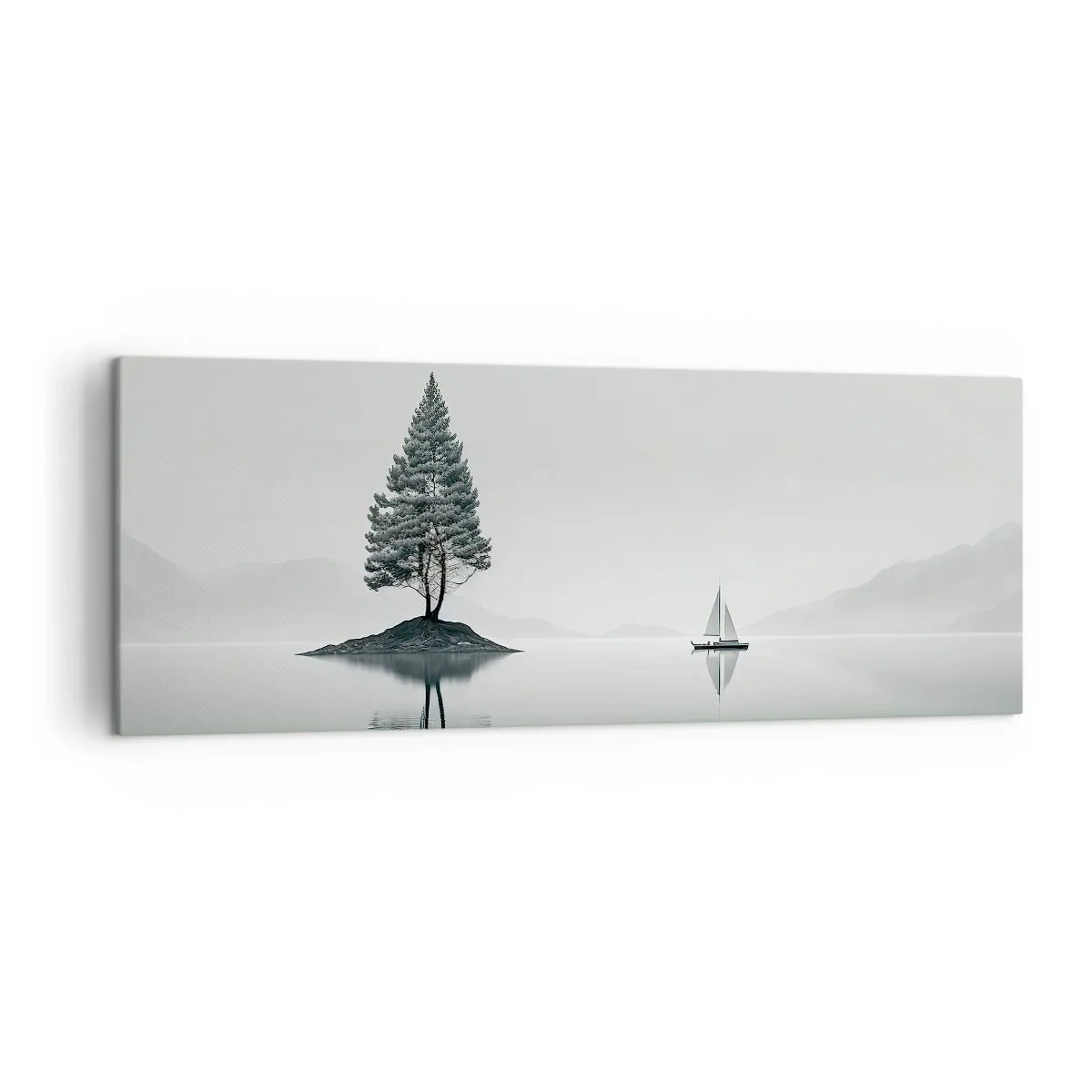 Cuadro sobre lienzo - Impresión de Imagen - Un paisaje minimalista con un árbol en una isla y un velero. - 140x50cm - Un sueño hecho realidad - Decoración de pared moderna para salón y dormitorio ARTTOR