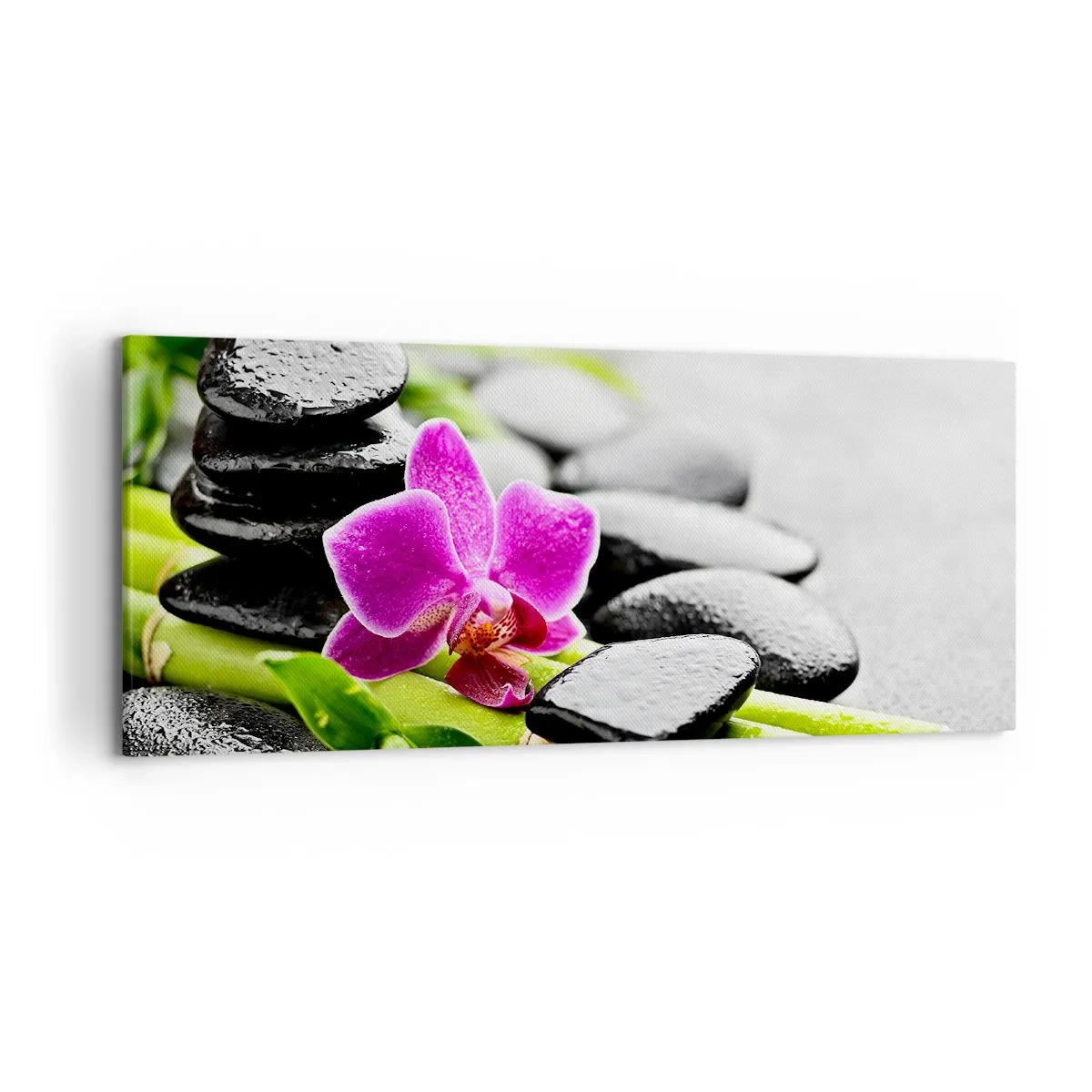 Cuadro sobre lienzo - Impresión de Imagen - Orquídea morada, piedras negras y bambú en una composición tranquila. - 120x50cm - En equilibrio pacífico - Decoración de pared moderna para salón y dormitorio ARTTOR