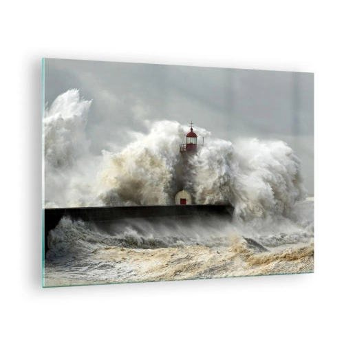 Cuadro sobre vidrio - Impresiones sobre Vidrio - Un faro rodeado de poderosas olas - 70x50cm - La furia del océano - Decoración de pared moderna para salón y dormitorio ARTTOR