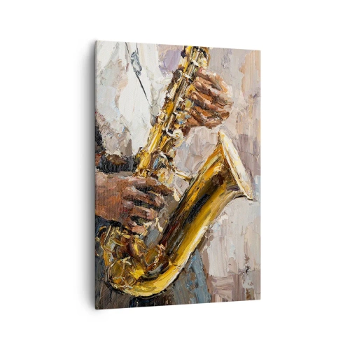Cuadro sobre lienzo - Impresión de Imagen - Un músico tocando el saxofón con un estilo artístico. - 70x100cm - Llegó el momento del solo - Decoración de pared moderna para salón y dormitorio ARTTOR