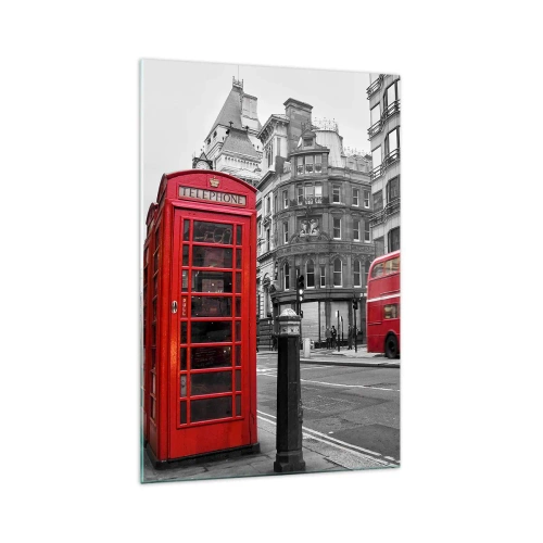 Cuadro sobre vidrio - Impresiones sobre Vidrio - Una cabina telefónica roja y un autobús de dos pisos en Londres con la ciudad al fondo. - 70x100cm - El más rojo de Europa - Decoración de pared moderna para salón y dormitorio ARTTOR