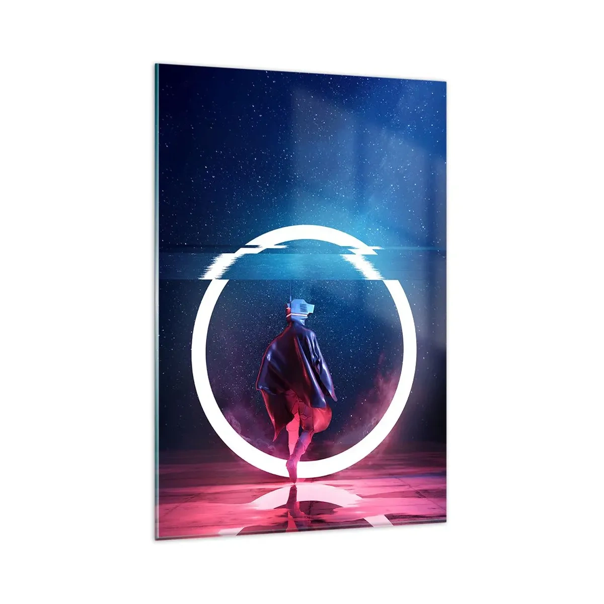 Cuadro sobre vidrio - Impresiones sobre Vidrio - Un personaje en un entorno futurista con un círculo de neón. - 80x120cm - Entre mundos - Decoración de pared moderna para salón y dormitorio ARTTOR