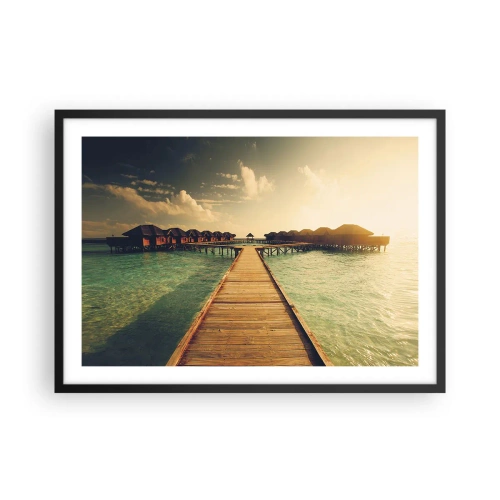 Póster en marco negro - Un embarcadero de madera que conduce a las casas sobre el agua, iluminadas por los rayos del sol. - 70x50cm - Una cálida invitación - Decoración de pared moderna para salón y dormitorio ARTTOR
