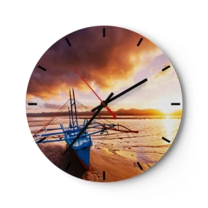 Reloj de pared - Reloj de vidrio - Un barco en la playa durante la puesta de sol - 30x30cm - Después de un largo día, relájate en la arena - Decoración de pared moderna para salón, cocina y dormitorio ARTTOR