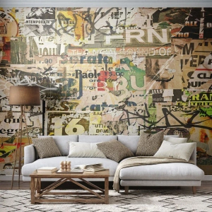 Fotomural Premium Sand - Un collage de carteles dañados y grafitis. - 100x70cm - Oh, está sucediendo... - Decoración de pared moderna para salón y dormitorio ARTTOR