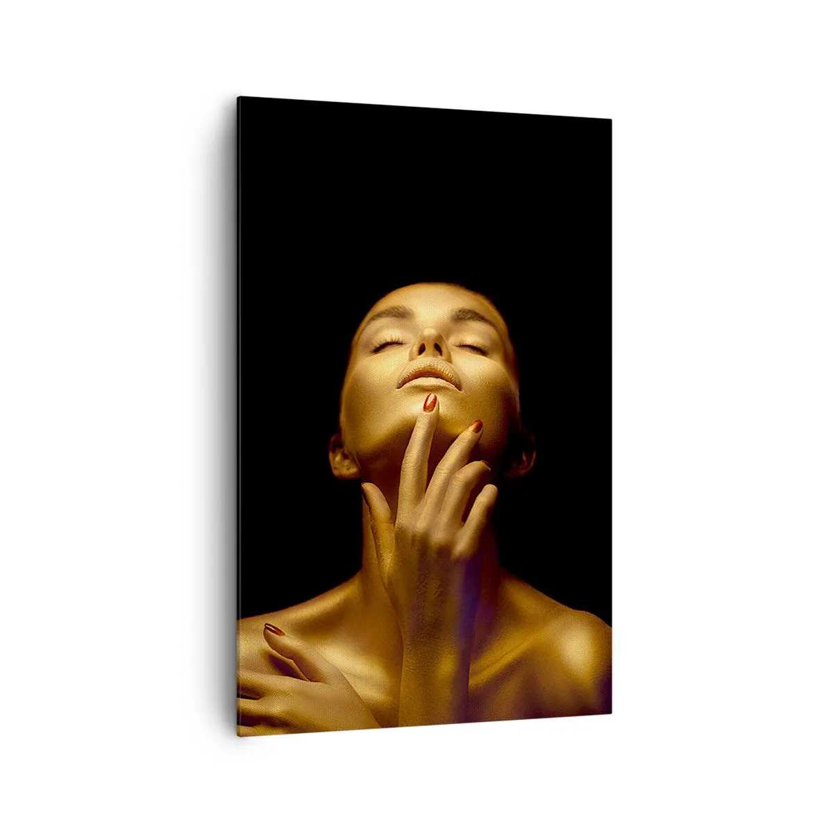 Cuadro sobre lienzo - Impresión de Imagen - Retrato de una mujer con un brillo dorado sobre un fondo negro. - 80x120cm - Como seda dorada - Decoración de pared moderna para salón y dormitorio ARTTOR