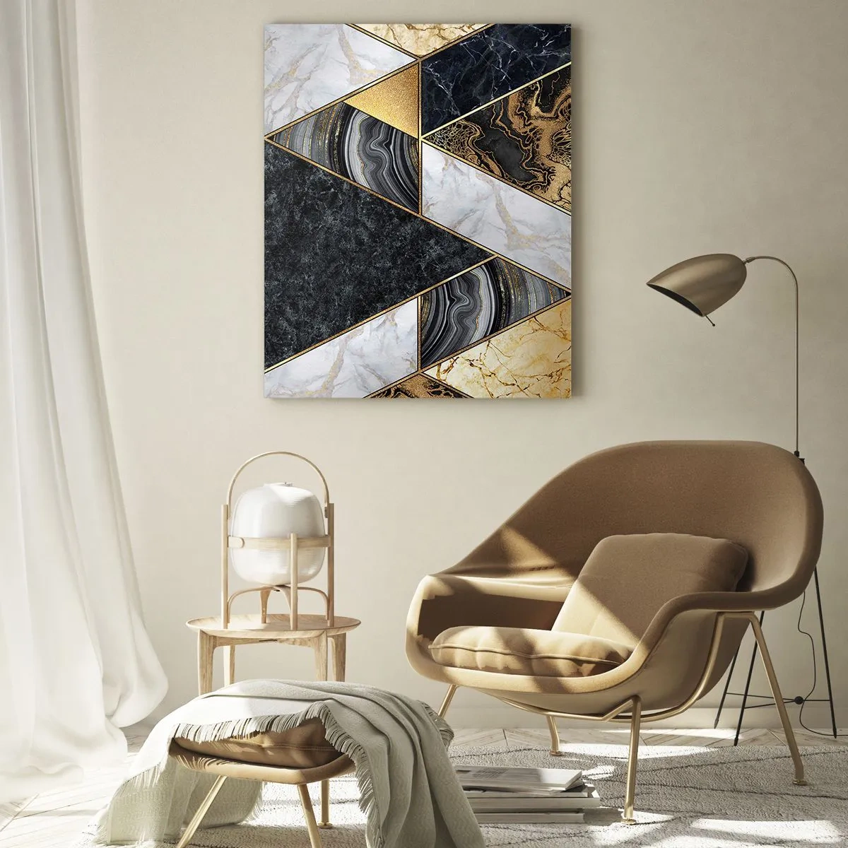 Cuadro sobre vidrio - Impresiones sobre Vidrio - Triángulos geométricos en dorado, mármol y tonos oscuros. - 80x120cm - Collage de piedras - Decoración de pared moderna para salón y dormitorio ARTTOR