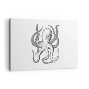 Cuadro sobre lienzo - Impresión de Imagen - Dibujo en blanco y negro de un pulpo sobre un fondo blanco en estilo vintage. - 120x80cm - Bailando con olas - Decoración de pared moderna para salón y dormitorio ARTTOR