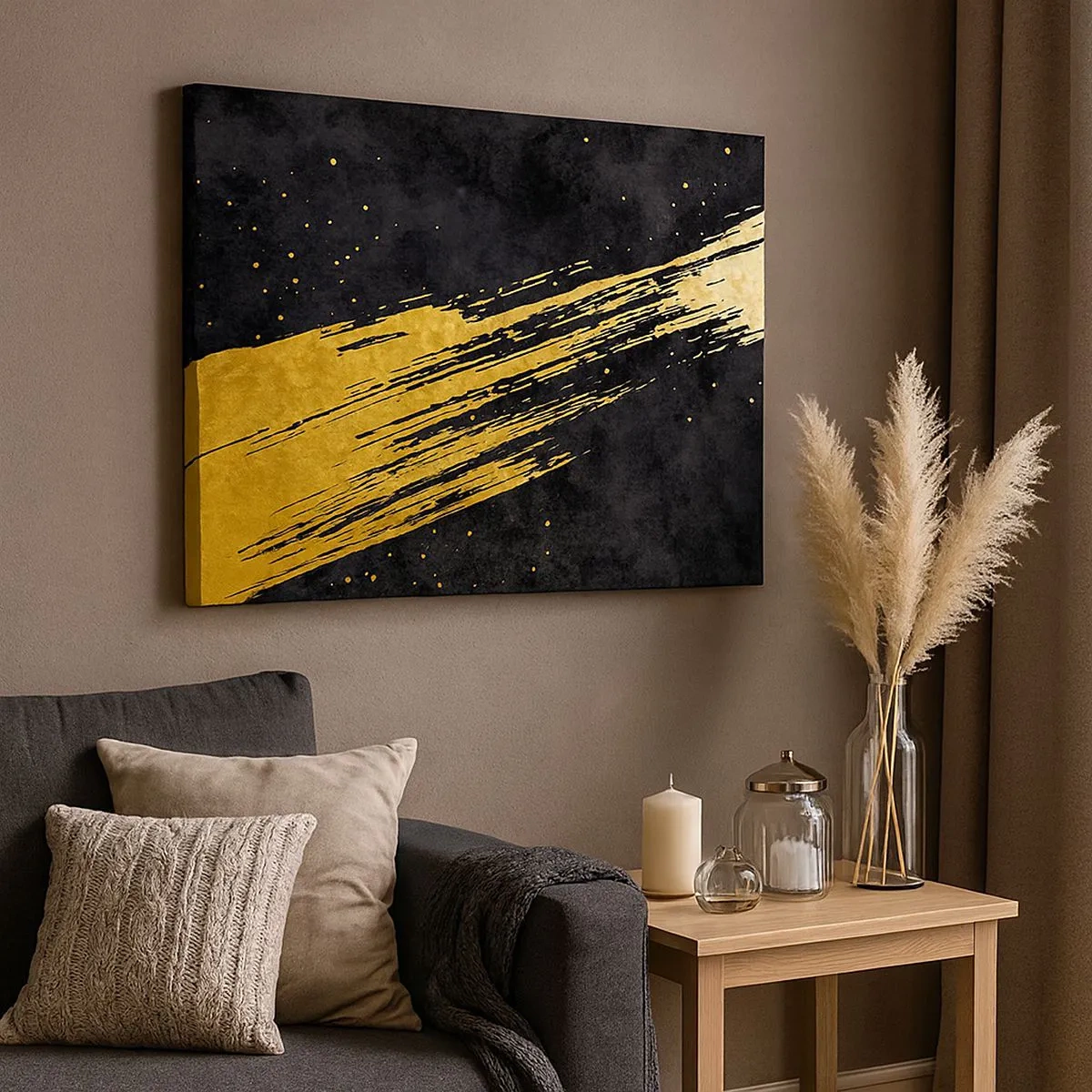 Cuadro sobre lienzo - Impresión de Imagen - Fondo negro con pinceladas doradas dinámicas - 70x50cm - Saltar al hiperespacio - Decoración de pared moderna para salón y dormitorio ARTTOR