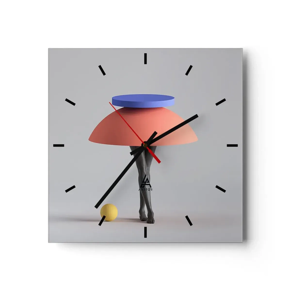 Reloj de pared - Reloj de vidrio - Composición geométrica abstracta con piernas y una pelota. - 30x30cm - Composición surrealista - Decoración de pared moderna para salón y dormitorio ARTTOR