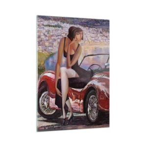 Cuadro sobre vidrio - Impresiones sobre Vidrio - Una mujer y un perro junto a un coche rojo con un paisaje al fondo. - 50x70cm - Paseo veraniego - Decoración de pared moderna para salón y dormitorio ARTTOR