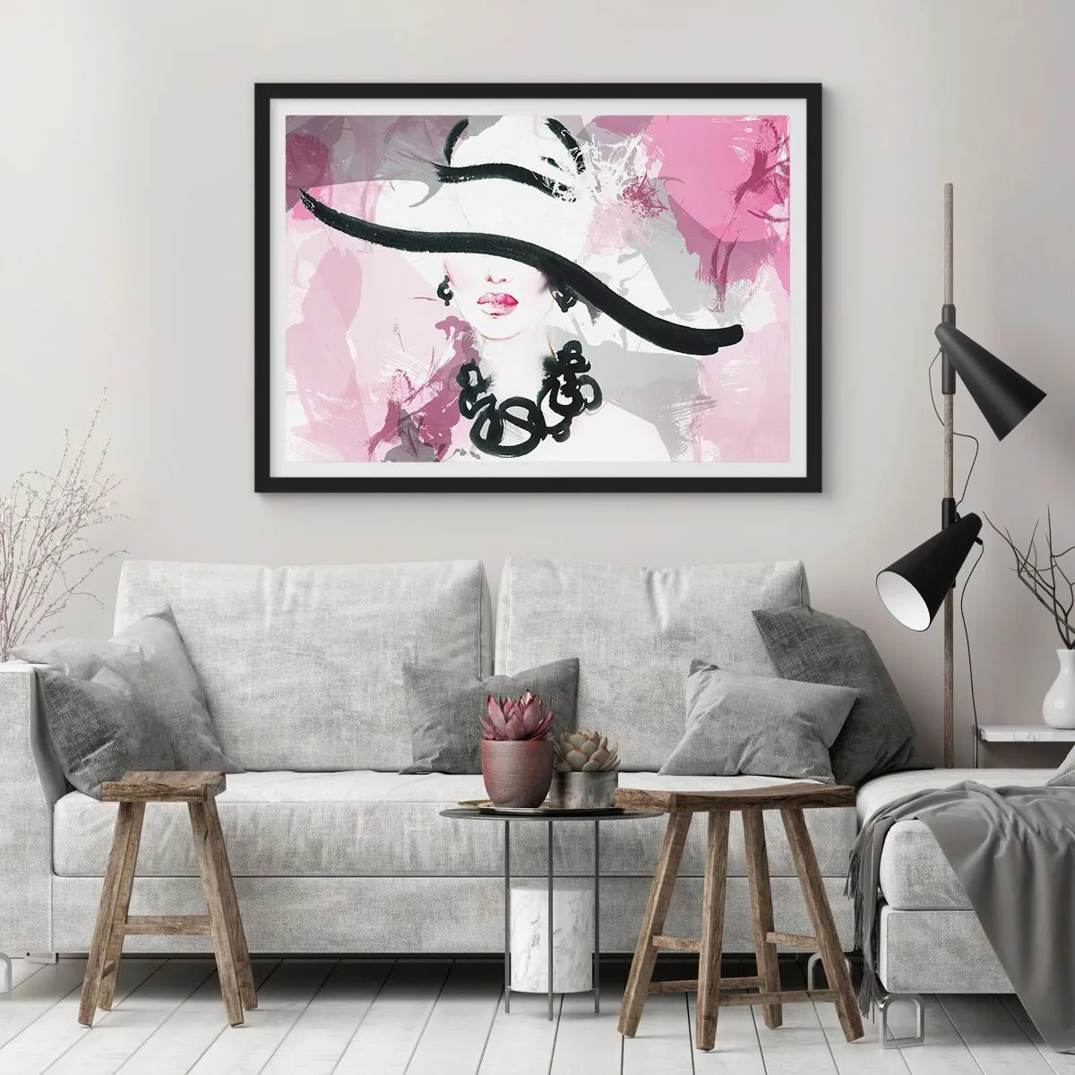 Póster en marco negro - Retrato de una dama en negro y rosa - 91x61 cm