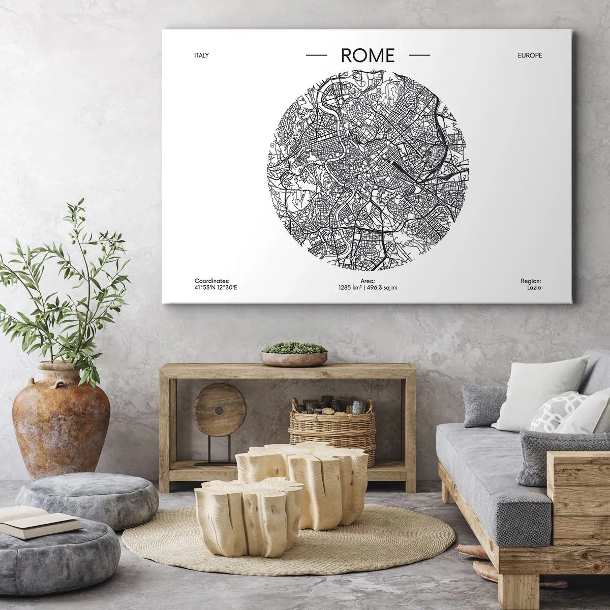 Cuadro sobre lienzo - Impresión de Imagen - Un mapa de Roma en estilo minimalista, en blanco y negro. - 70x50cm - Anatomía de Roma - Decoración de pared moderna para salón y dormitorio ARTTOR