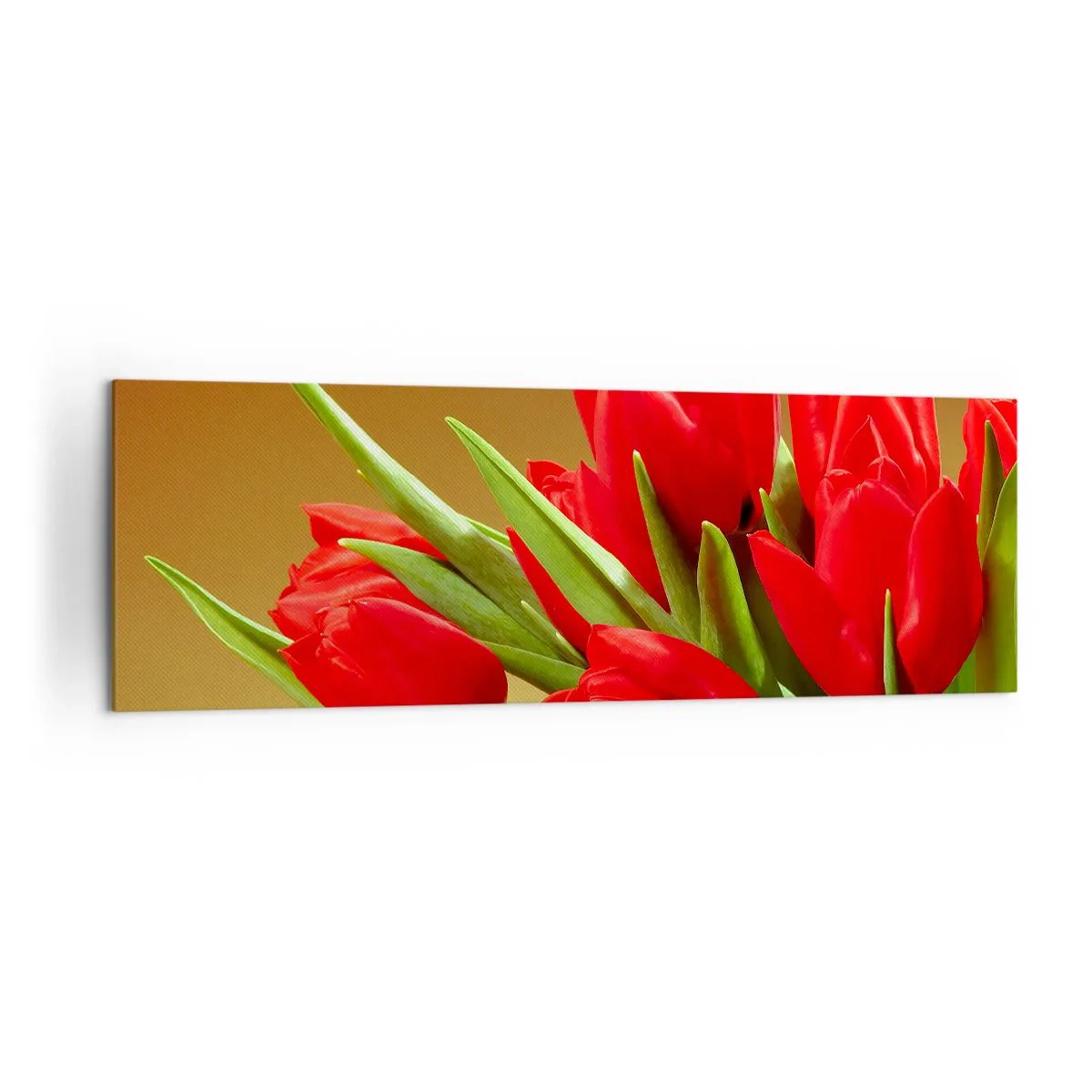 Cuadro sobre lienzo - Impresión de Imagen - Un ramo de tulipanes rojos sobre un fondo dorado con hojas verdes. - 160x50cm - Estallido de alegría primaveral - Decoración de pared moderna para salón y dormitorio ARTTOR