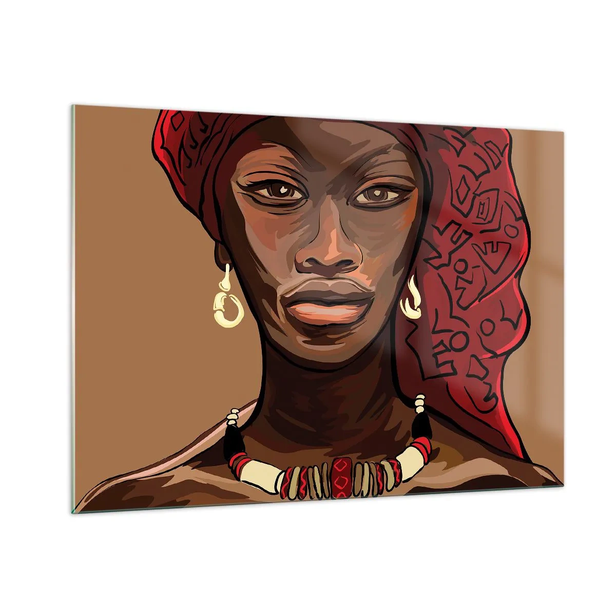 Cuadro sobre vidrio - Impresiones sobre Vidrio - Retrato estilizado de una mujer con turbante rojo y joyas. - 100x70cm - Venus de ébano - Decoración de pared moderna para salón y dormitorio ARTTOR