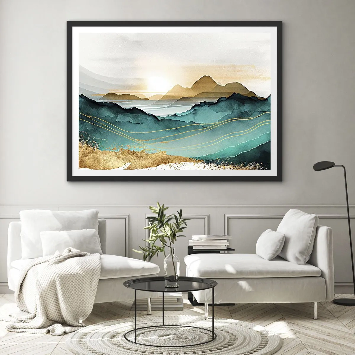 Póster en marco negro - Paisaje abstracto con montañas y acentos dorados. - 100x70cm - Al borde de la abstracción - paisaje - Decoración de pared moderna para salón y dormitorio ARTTOR