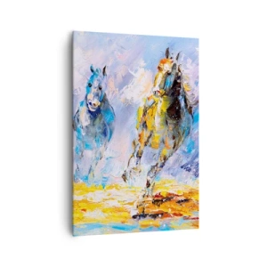 Cuadro sobre lienzo - Impresión de Imagen - Dos caballos en movimiento con el telón de fondo de un paisaje abstracto. - 70x100cm - Galopando a través del resplandor - Decoración de pared moderna para salón y dormitorio ARTTOR