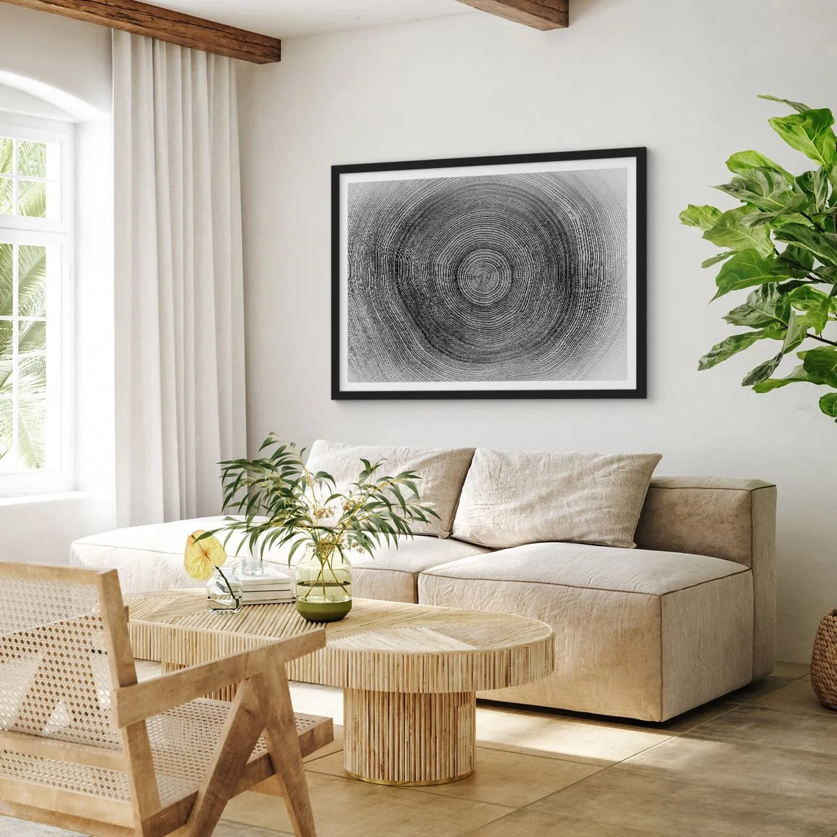 Póster en marco negro - Patrón de anillos de árboles en blanco y negro que muestra una sección transversal del tronco. - 100x70cm - El paso del tiempo - Decoración de pared moderna para salón y dormitorio ARTTOR