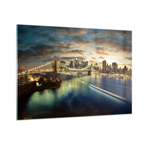 Cuadro sobre vidrio - Impresiones sobre Vidrio - Vista del puente y la ciudad al atardecer - 100x70cm - Un atardecer iluminado sobre Manhattan - Decoración de pared moderna para salón y dormitorio ARTTOR