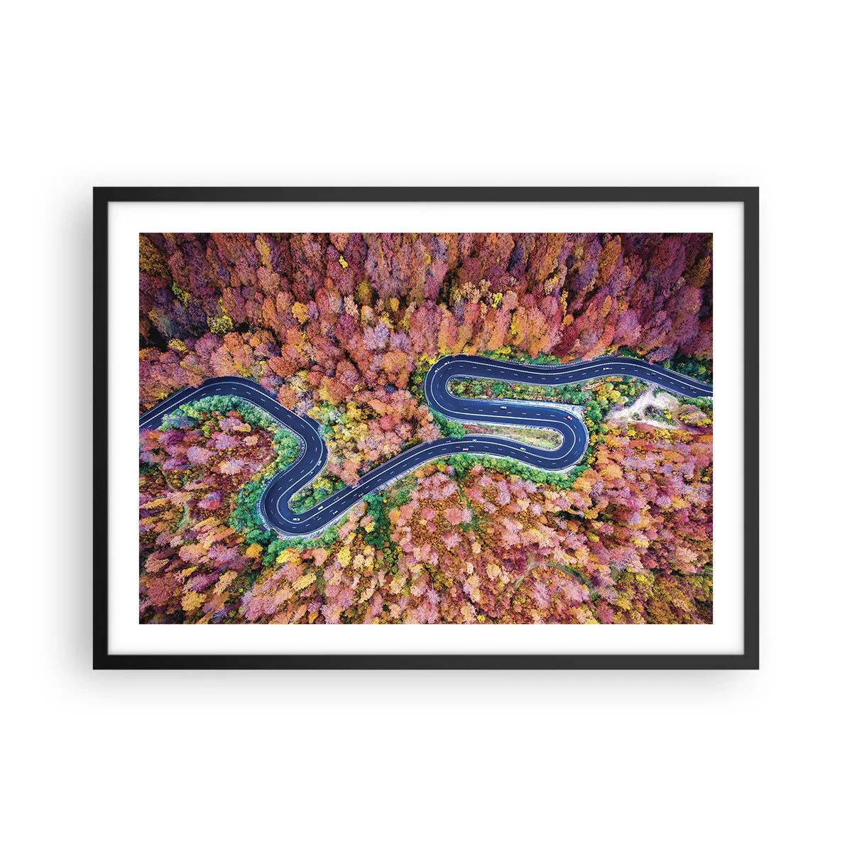 Póster en marco negro - Un camino sinuoso en un bosque otoñal visto a vista de pájaro - 70x50cm - Un camino sinuoso a través del bosque - Decoración de pared moderna para salón y dormitorio ARTTOR