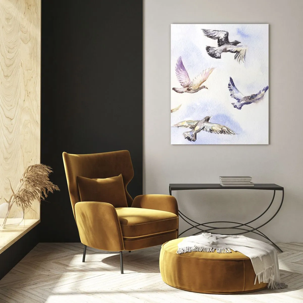 Cuadro sobre vidrio - Impresiones sobre Vidrio - Pájaros de acuarela en vuelo contra un cielo delicado. - 70x100cm - Libertad en gris y azul - Decoración de pared moderna para salón y dormitorio ARTTOR