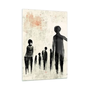 Cuadro sobre vidrio - Impresiones sobre Vidrio - Figuras negras en movimiento sobre un fondo claro con textura roja. - 50x70cm - Contra la soledad - Decoración de pared moderna para salón y dormitorio ARTTOR