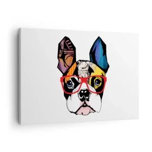 Cuadro sobre lienzo - Impresión de Imagen - Bulldog en una ilustración colorida con gafas rojas. - 70x50cm - El intelectual - Decoración de pared moderna para salón y dormitorio ARTTOR